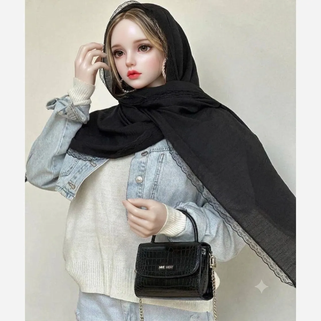 شال مشکی وال اسلپ دور گیپور دوزی شده سایز 170 در 55 سانتی متر
