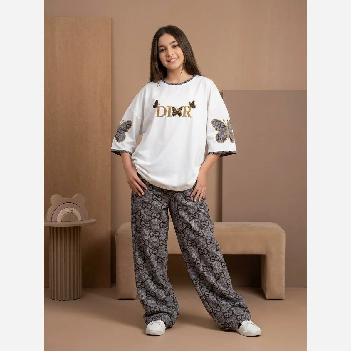 ست تیشرت و شلوار دخترانه پنبه لش طرح پروانه سایز 60 تا 70