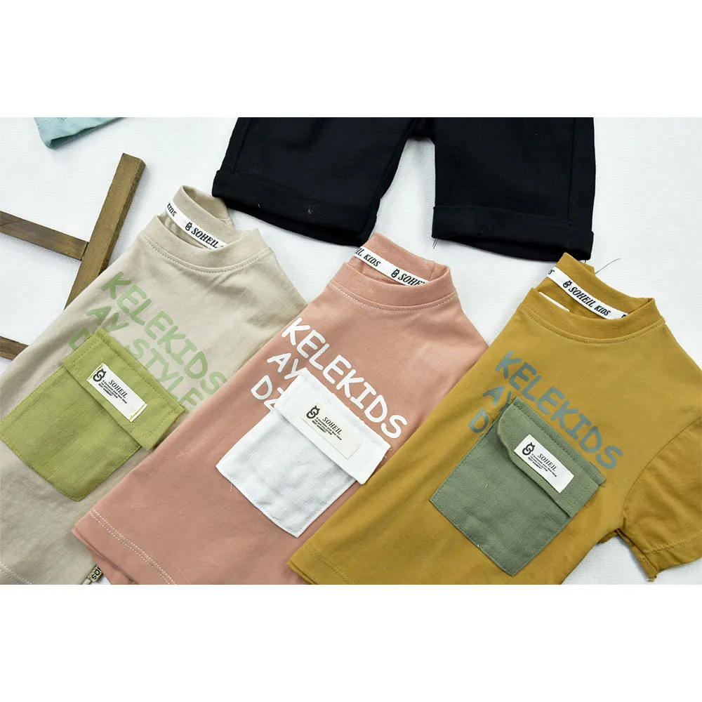 ست تیشرت و شلوارک پسرانه یقه گرد پنبهای طرح تک جیب