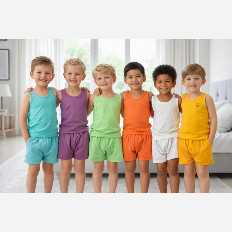 ست رکابی و شورت پسرانه نخ پنبه سوپر در 6 رنگ شاد و ضد حساسیت