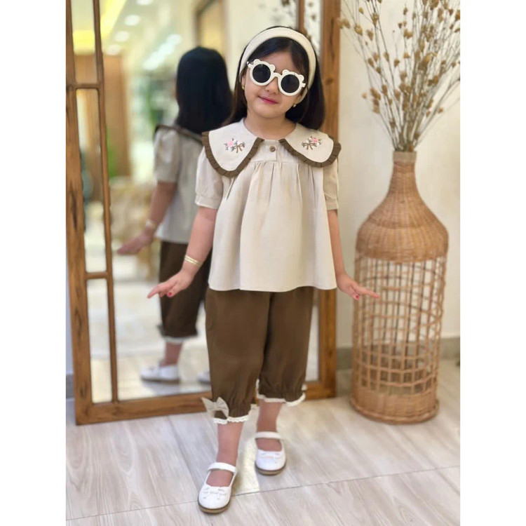 ست شومیز و شلوارک لینن دخترانه گلدوزی شده سایز 40 تا 55