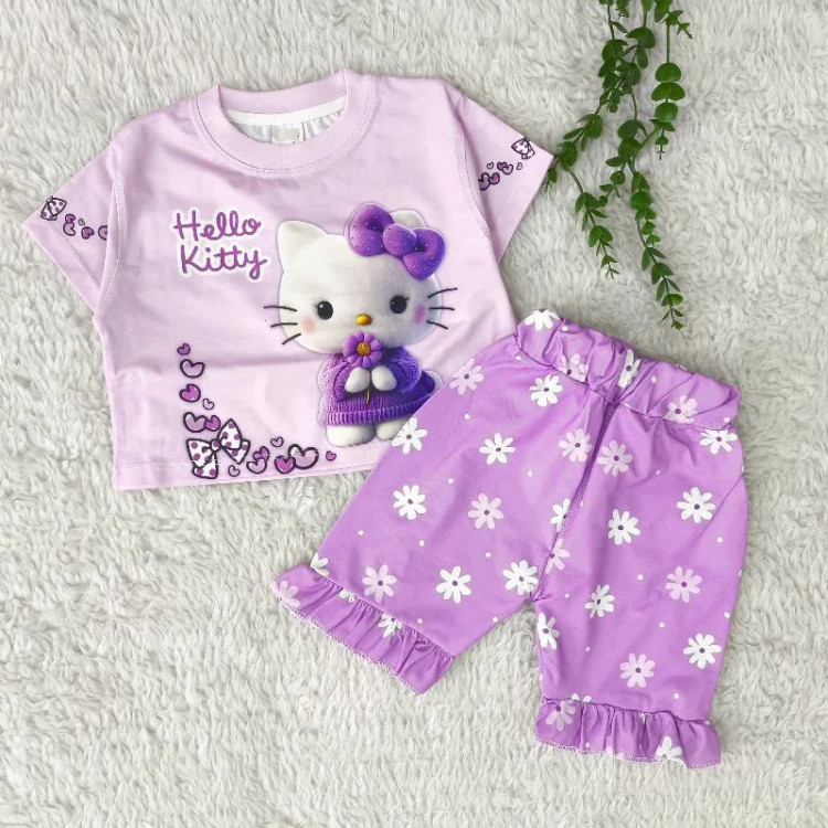 ست کراپ و شلوارک دخترانه نخی طرح کارتونی سایز 6 ماه تا 5 سال