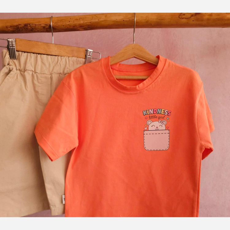 ست تیشرت و شلوارک دخترانه طرح گربه و خرس جیبی جنس پنبه سوپر و کتان پنبه