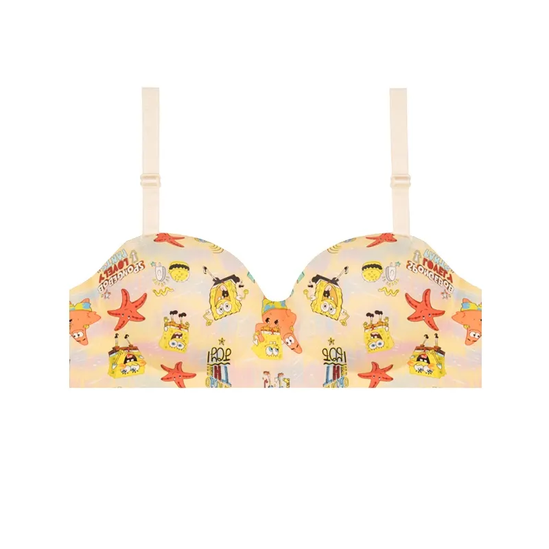 سوتین اسفنجی دخترانه طرح باب اسفنجی رنگ زرد بدون فنر با بند قابل تنظیم و جداشونده