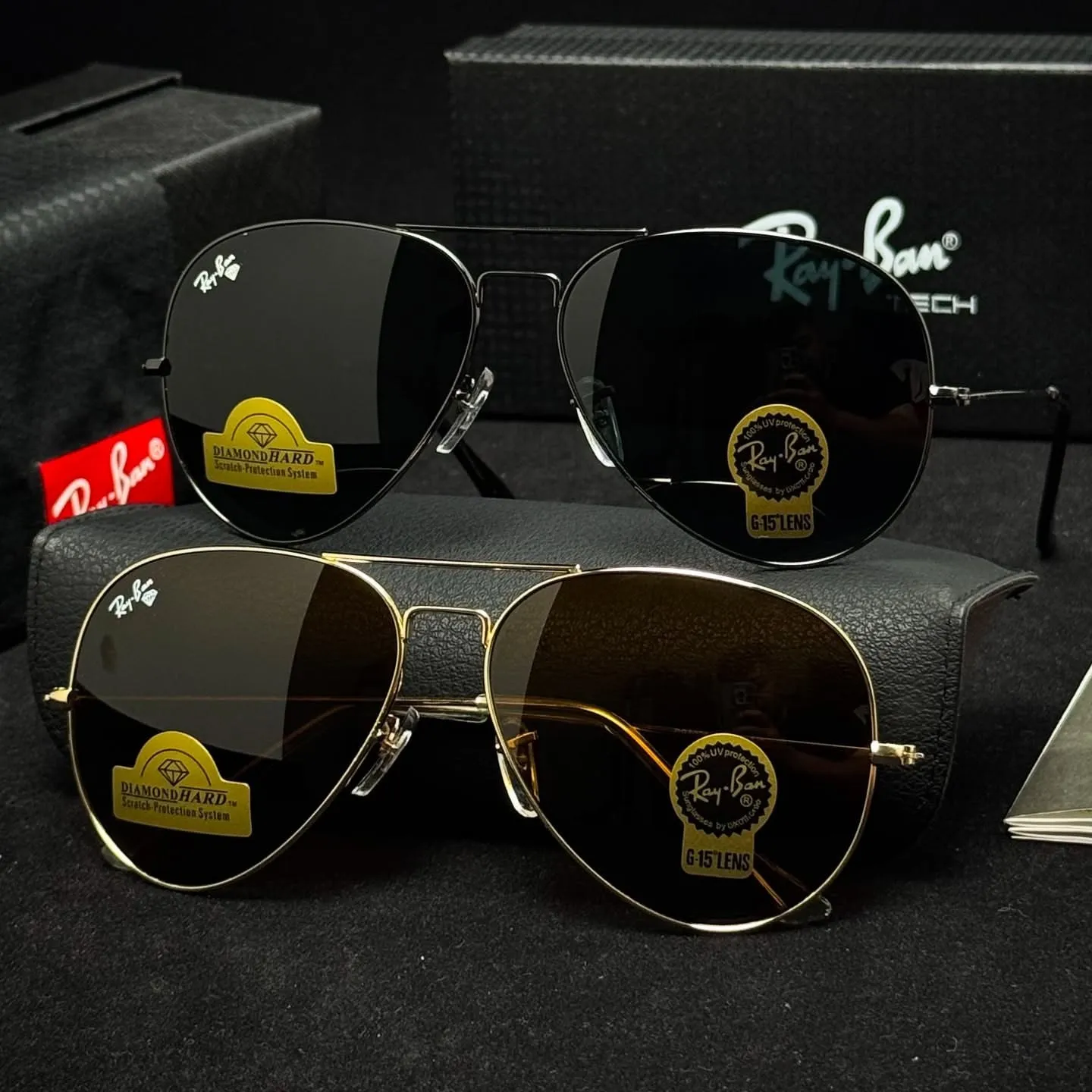 عینک آفتابی ریبن مدل خلبانی شیشه سبز فریم طلایی 3025