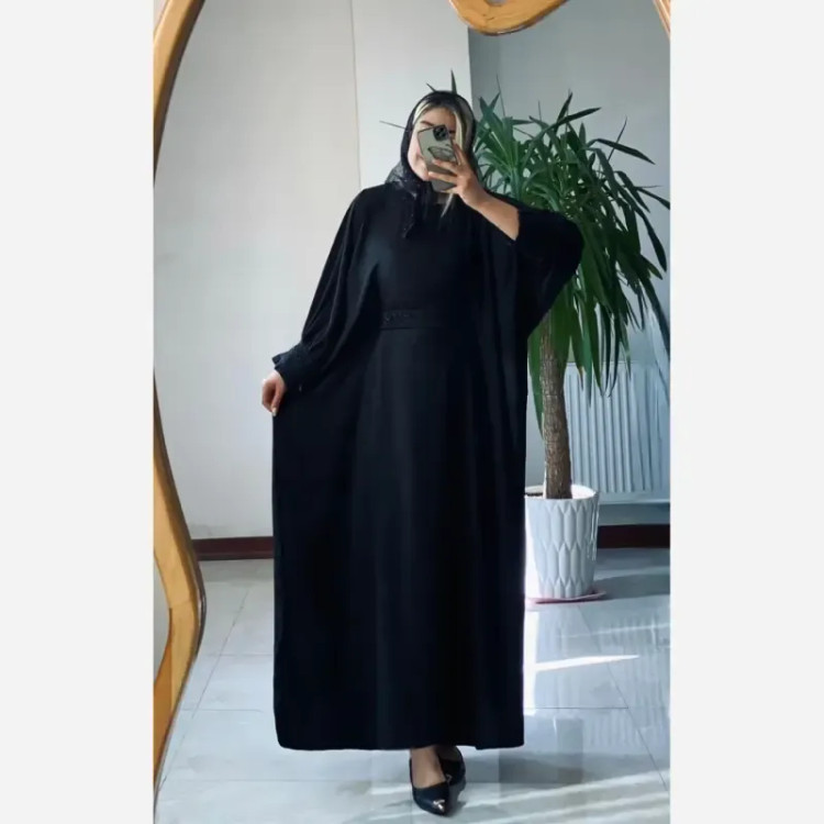 عبای زنانه راحیل الیزه مشکی بلند ملیله دوزی شده آستین پلیسه فری سایز